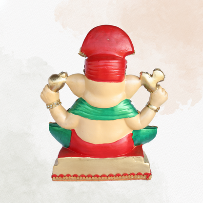 19 Inch – Traditional Seated Ganesha Idol in Red & Green Attire – Shadu Mitti Clay Murti with Red Crown & Stone Embellishments