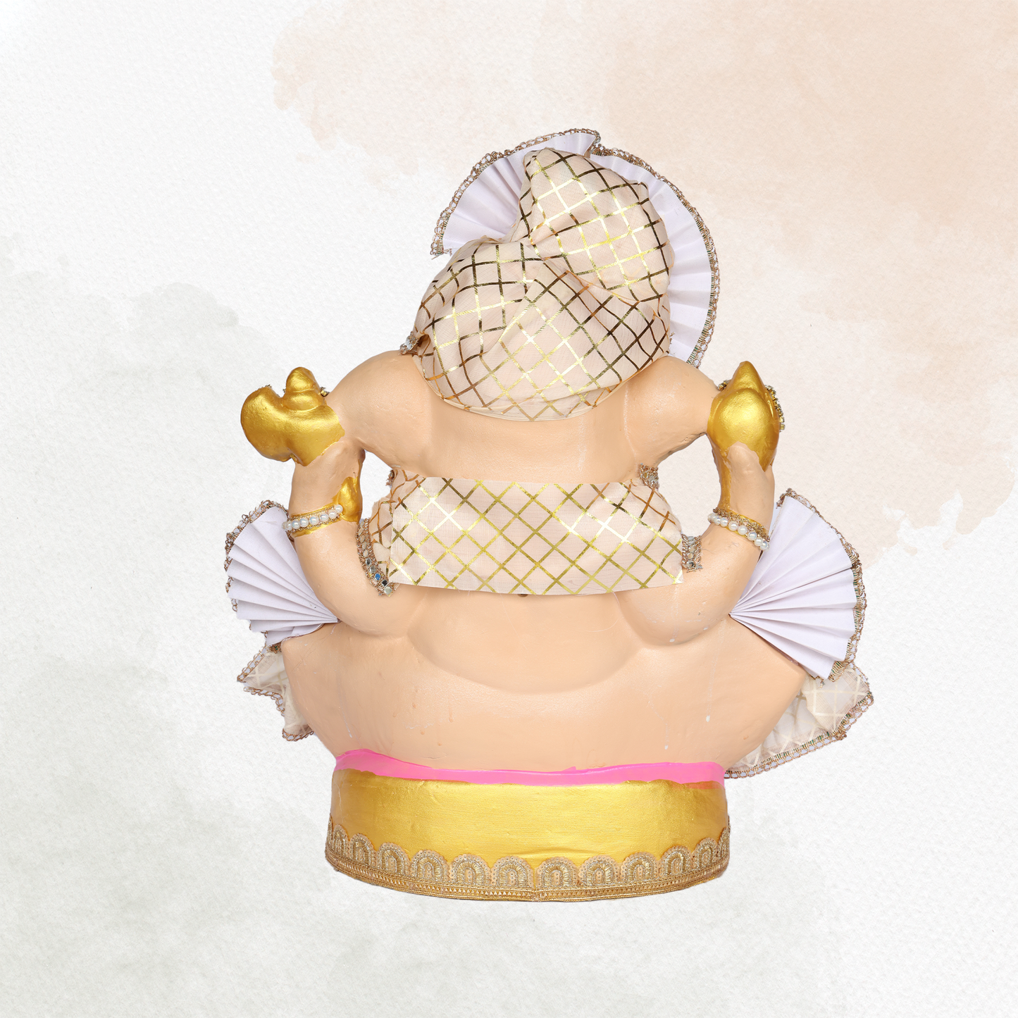 23 Inch – Elegant Seated Ganesha Idol in Cream Gold Attire | Shadu Mitti Clay Murti with Designer Fan-Style Pagdi & Pearl Stone Embellishments