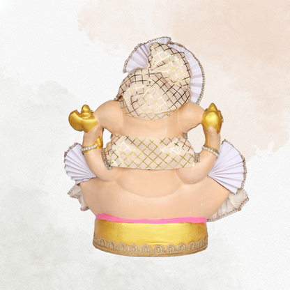 23 Inch – Elegant Seated Ganesha Idol in Cream Gold Attire | Shadu Mitti Clay Murti with Designer Fan-Style Pagdi & Pearl Stone Embellishments