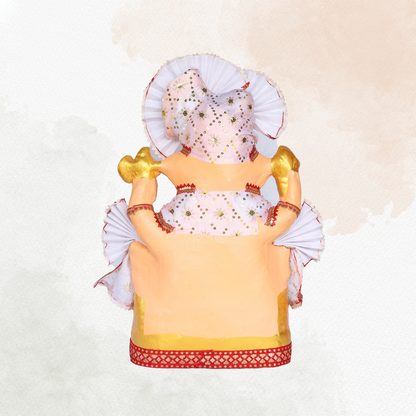 23 Inch – Divine White Ganesha Idol in Shadu Mitti | Eco-Friendly Murti with Pearl-Stone Work & Majestic Fan-Style Pagdi