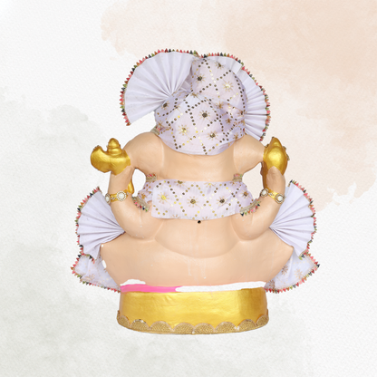 23 Inch – Royal Seated Ganesha Idol in White Attire | Eco-Friendly Shadu Mitti Murti with Designer Pagdi & Beadwork