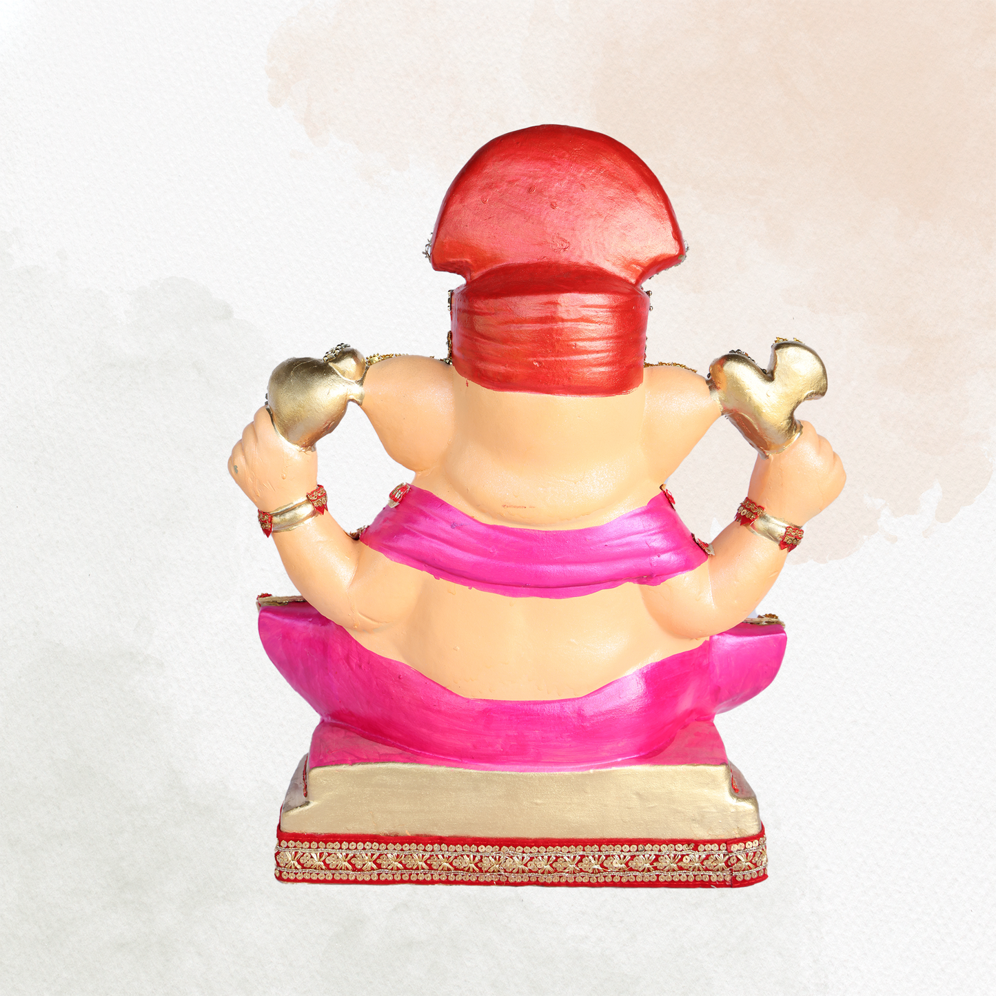 19 Inch – Elegant Seated Ganesha Idol in Yellow Attire –  Shadu Mitti Clay Murti with Red Pagdi & Pearl Stone Work