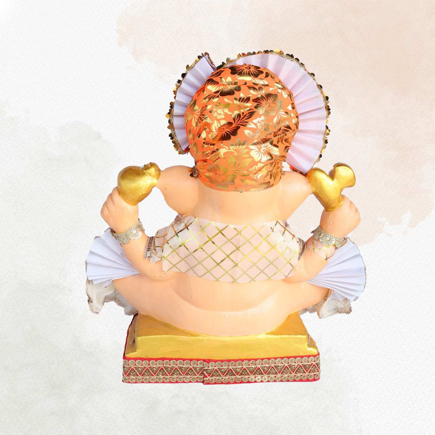 19 Inch – Grand Seated Ganesha Idol in Orange Foil Attire – Shadu Mitti Clay Murti with Designer Fan Mukut & Stone Work