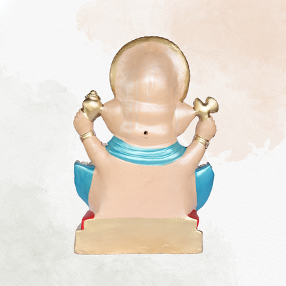 25 Inch – Majestic Ganesha Idol in Blue & Pink Attire | Shadu Mitti Clay Murti with Ornate Golden Crown & Blessing Pose