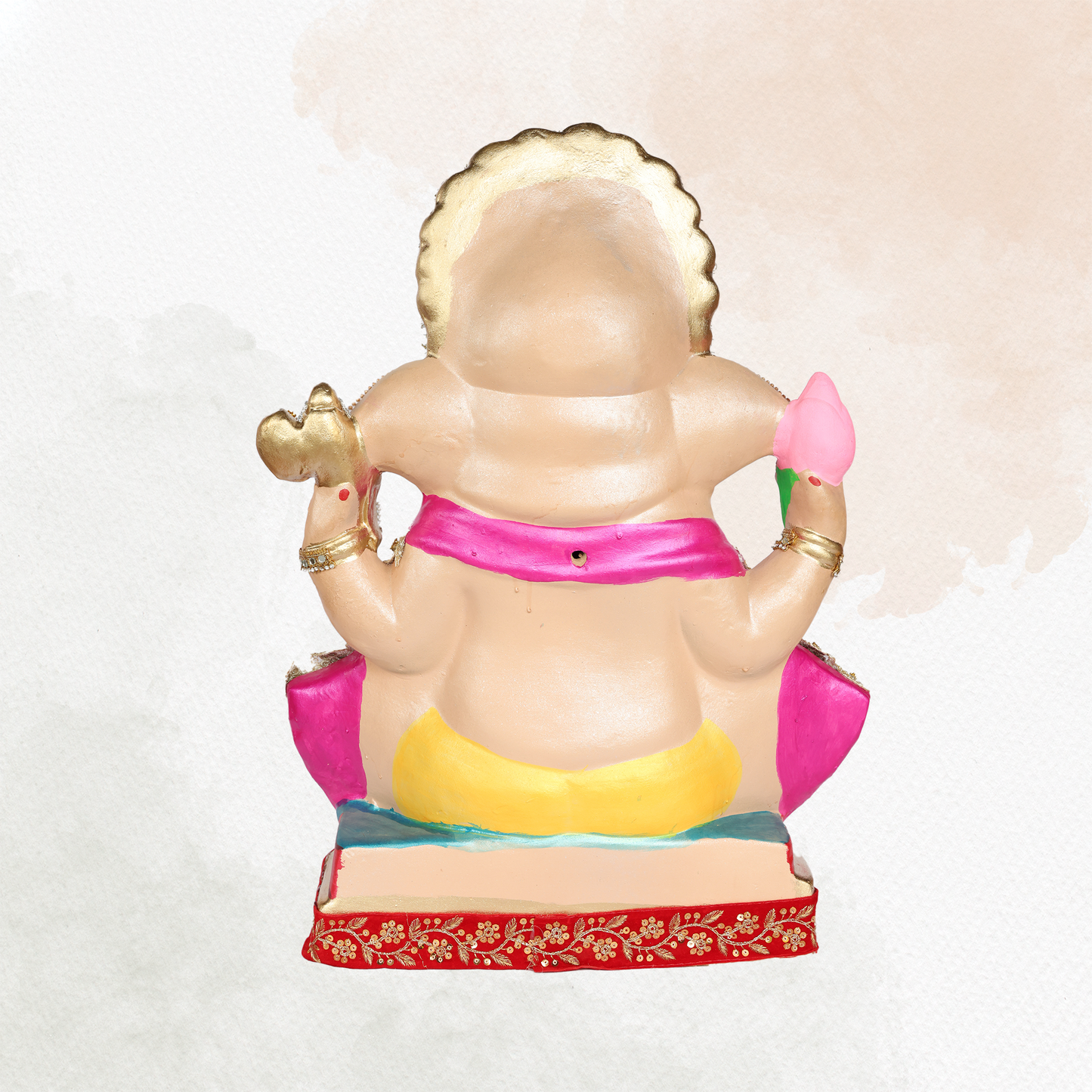 23 Inch – Elegant Seated Ganesha Idol in Yellow-Pink Attire | Shadu Mitti Eco-Friendly Murti with Stone-Studded Golden Crown & Lotus in Hand