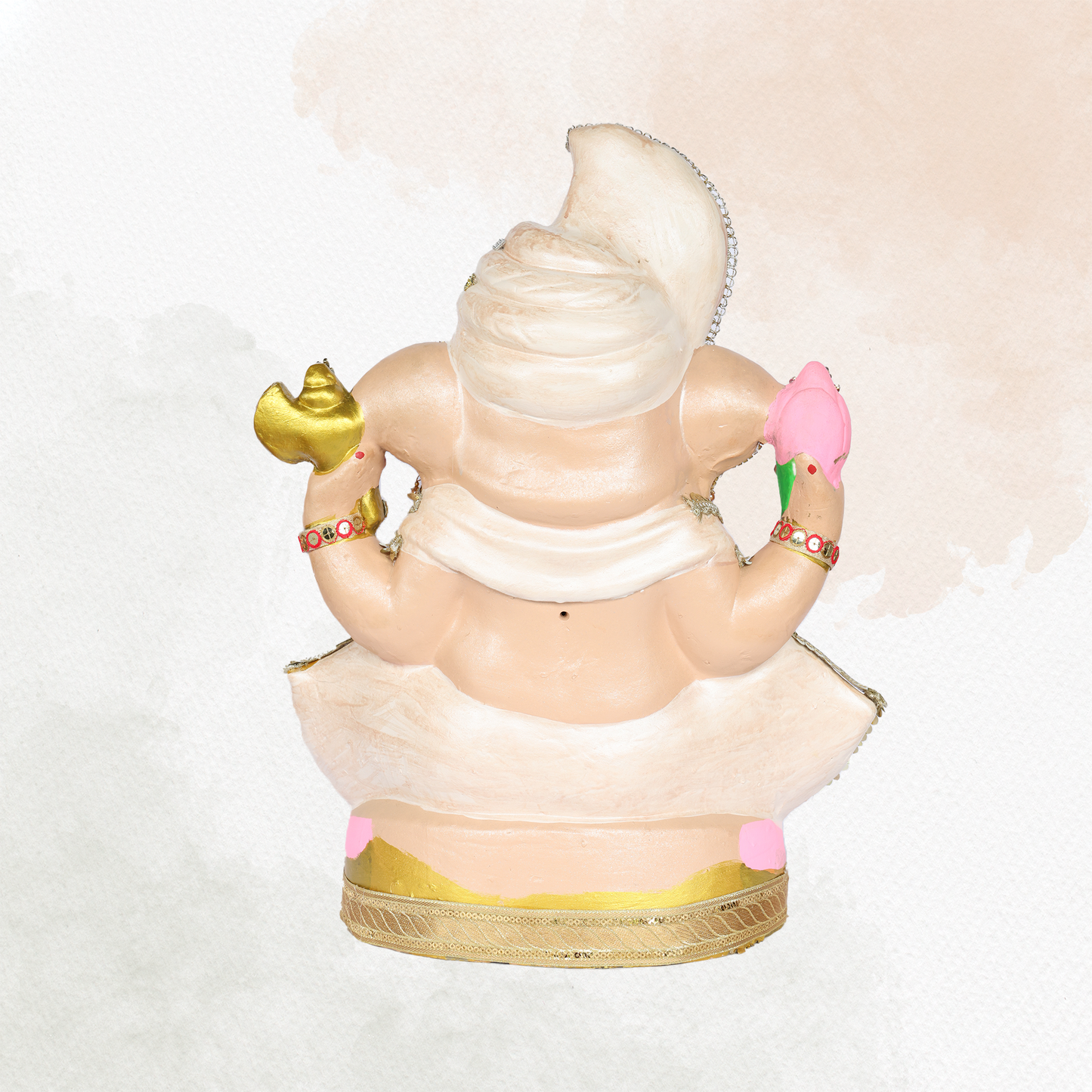 23 Inch – Elegant Seated Ganesha Idol in Cream & Pink Attire | Shadu Mitti Eco-Friendly Murti with Fan-Style Crown & Stone Embellishments