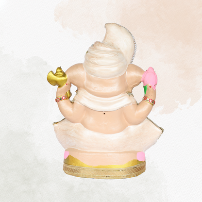 23 Inch – Elegant Seated Ganesha Idol in Cream & Pink Attire | Shadu Mitti Eco-Friendly Murti with Fan-Style Crown & Stone Embellishments