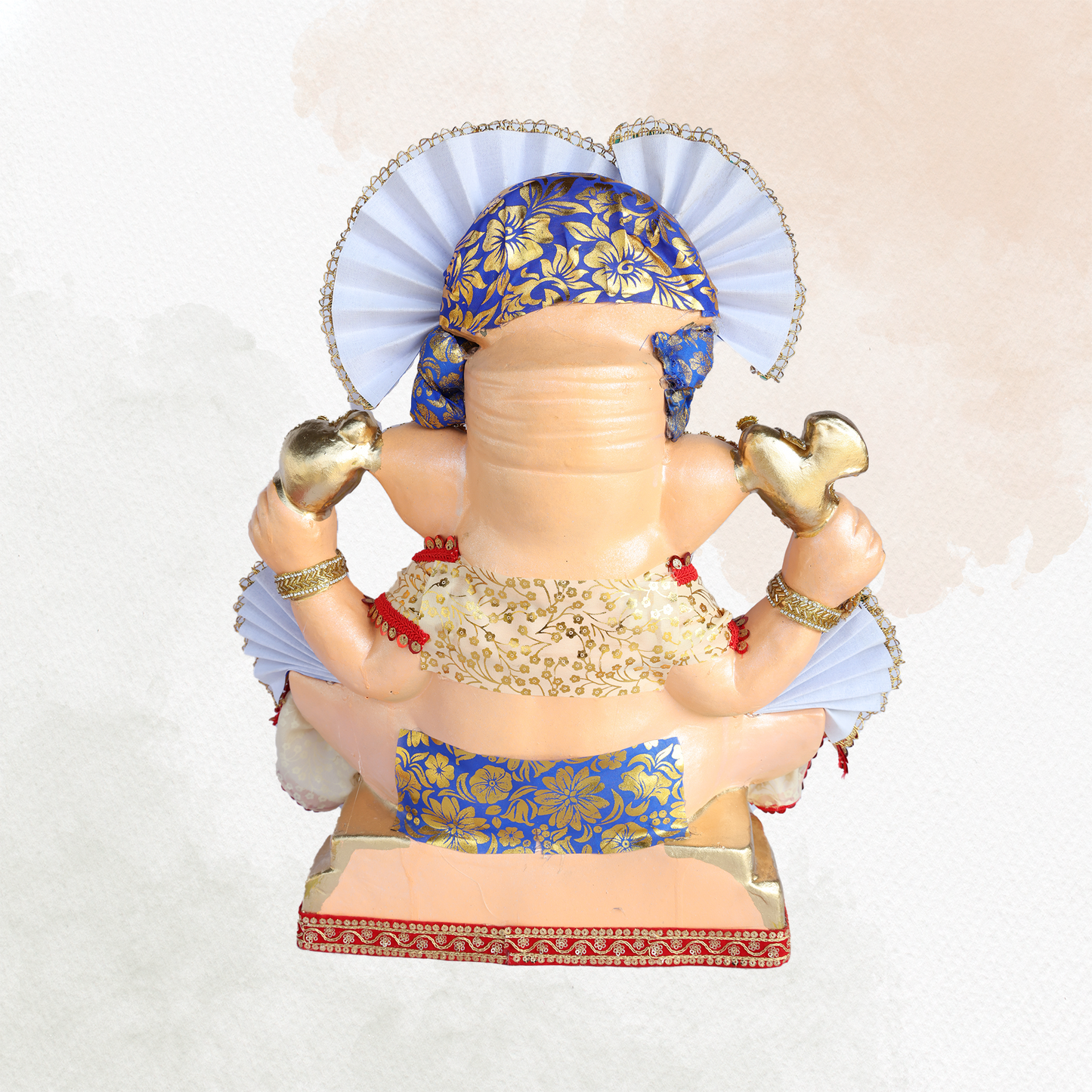 19 Inch – Royal Seated Ganesha Idol in Blue Brocade Attire – Shadu Mitti Clay Murti with Designer Pagdi & Kundan Work
