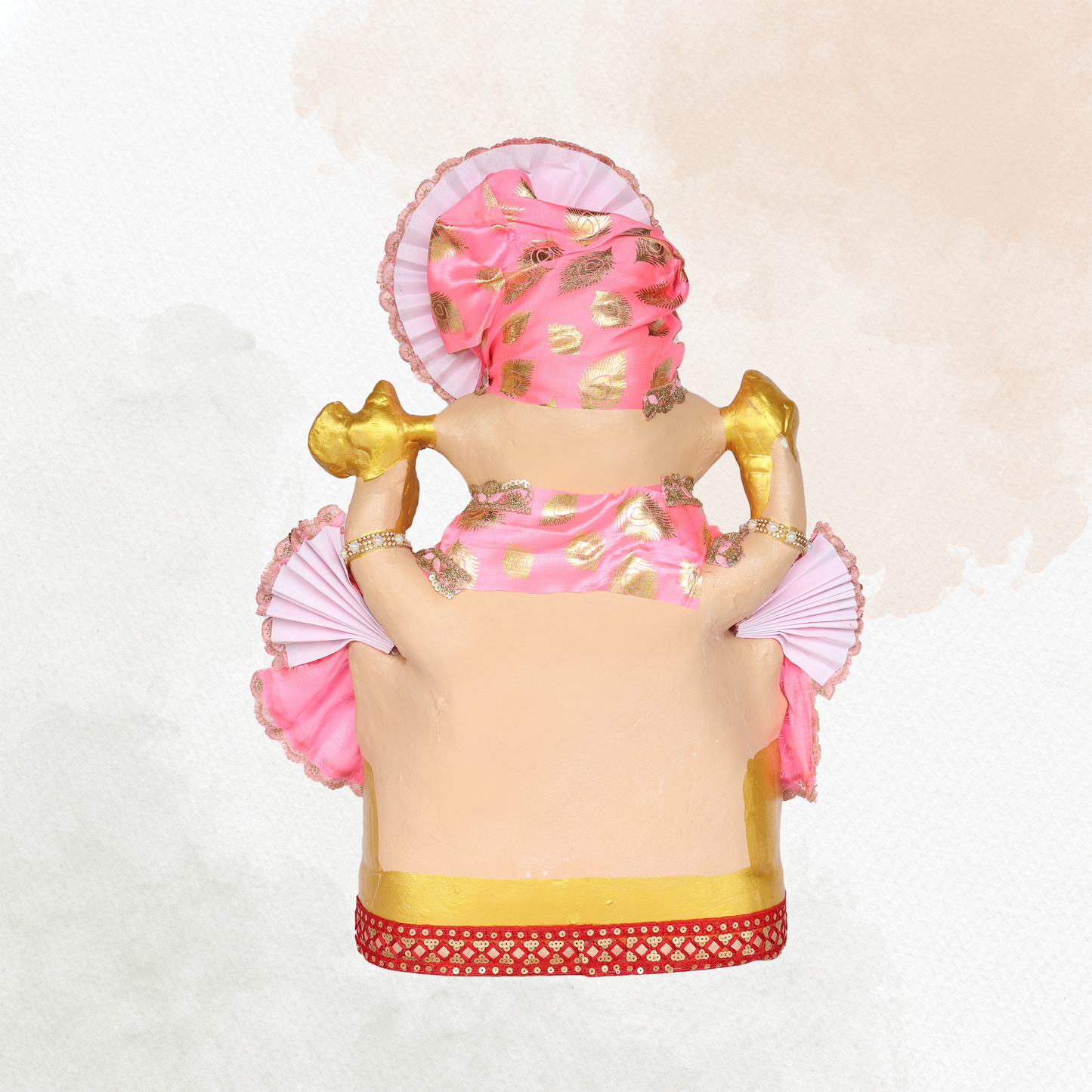 23 Inch – Regal Seated Ganesha Idol in Pink & Gold Attire | Shadu Mitti Clay Murti with Fan-Style Pagdi & Designer Pearl Work
