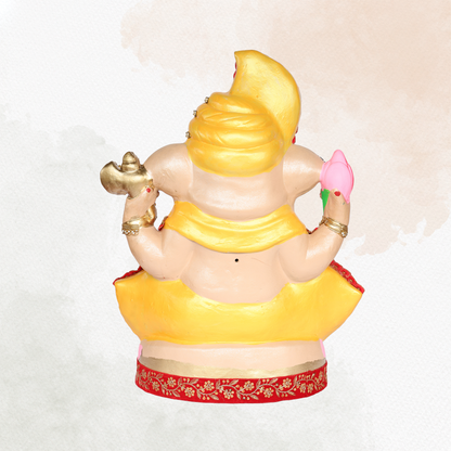 23 Inch – Majestic Seated Ganesha Idol in Yellow Attire | Shadu Mitti Eco-Friendly Murti with Fan-Style Pagdi & Red-Gold Detailing