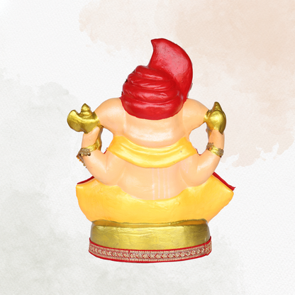 23 Inch – Royal Red & Yellow Ganesha Idol | Shadu Mitti Murti with Crown Pagdi & Golden Base