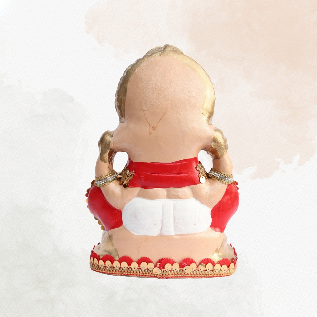 11 Inch – Royal Seated Ganesha Idol in White Dhoti | Shadu Mitti Clay Murti with Golden Crown & Red Pearl Detailing