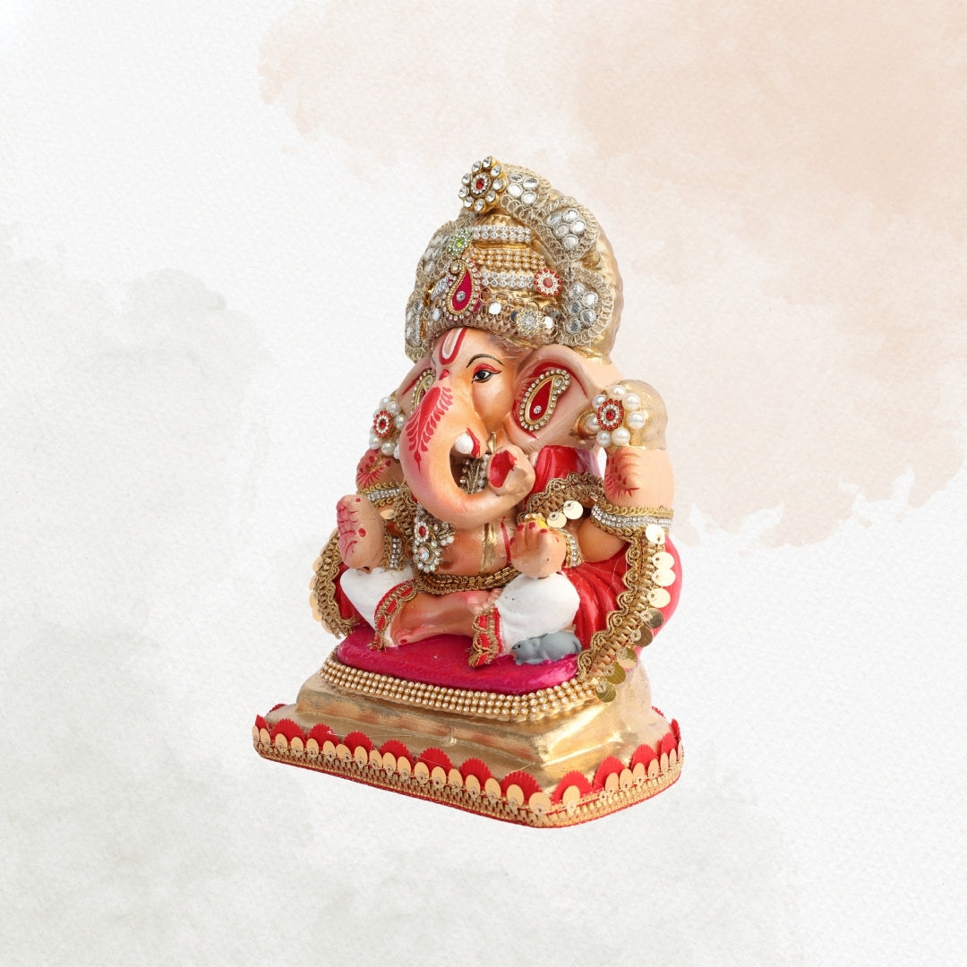 11 Inch – Royal Seated Ganesha Idol in White Dhoti | Shadu Mitti Clay Murti with Golden Crown & Red Pearl Detailing