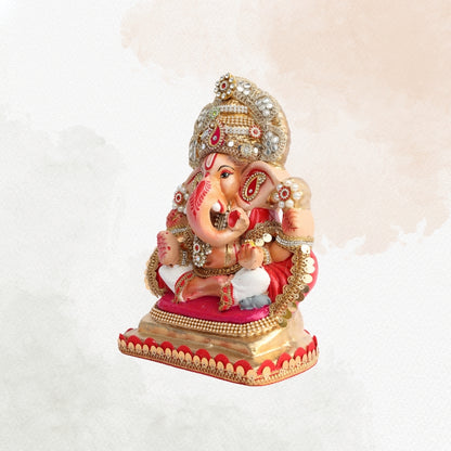11 Inch – Royal Seated Ganesha Idol in White Dhoti | Shadu Mitti Clay Murti with Golden Crown & Red Pearl Detailing