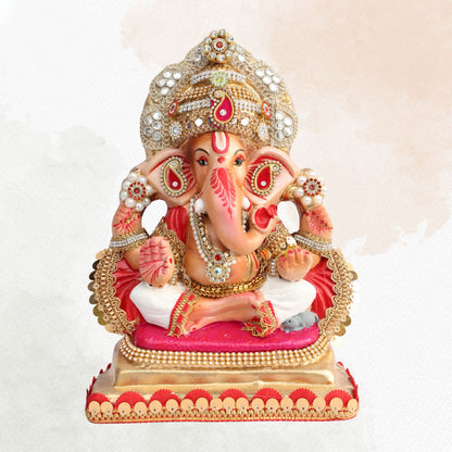 11 Inch – Royal Seated Ganesha Idol in White Dhoti | Shadu Mitti Clay Murti with Golden Crown & Red Pearl Detailing