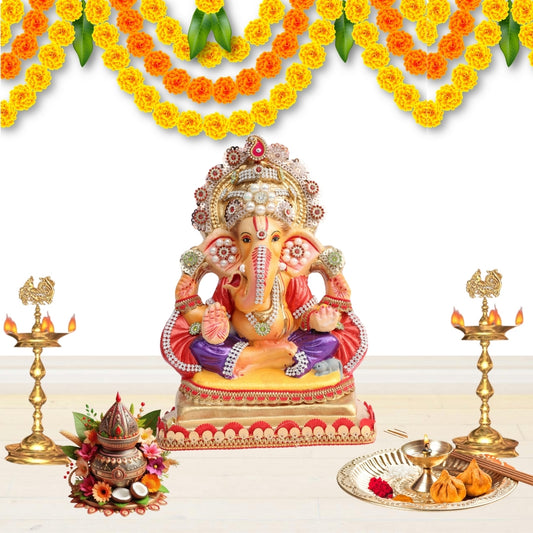 11 Inch – Ganesha Idol in Royal Purple Dhoti with Golden Crown | Shadu Mitti Clay Murti with Pearl Motif & Red Drapes