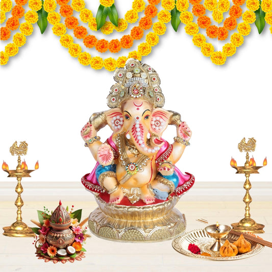 13 Inch – Regal Seated Ganesha Idol in Pink & Blue Attire – Shadu Mitti Clay Murti with Golden Crown & Stone Work