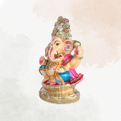 13 Inch – Regal Seated Ganesha Idol in Pink & Blue Attire – Shadu Mitti Clay Murti with Golden Crown & Stone Work
