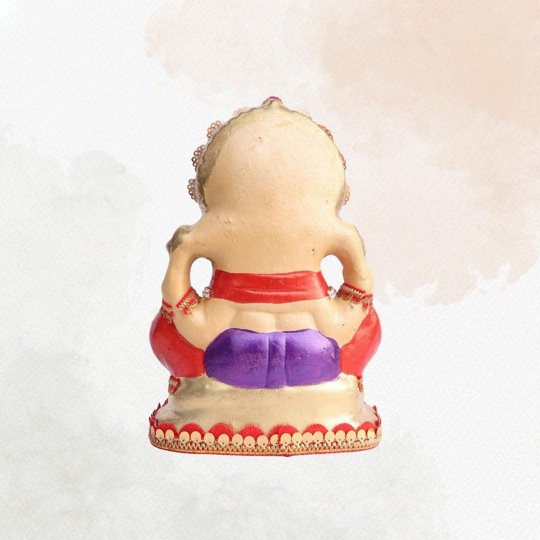 11 Inch – Ganesha Idol in Royal Purple Dhoti with Golden Crown | Shadu Mitti Clay Murti with Pearl Motif & Red Drapes
