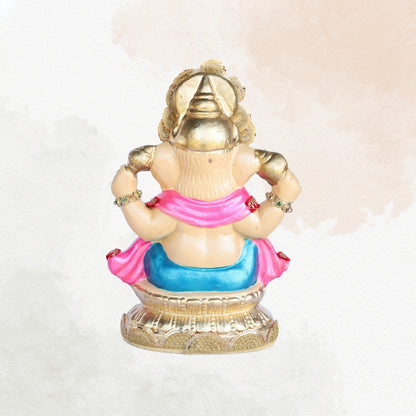 13 Inch – Regal Seated Ganesha Idol in Pink & Blue Attire – Shadu Mitti Clay Murti with Golden Crown & Stone Work