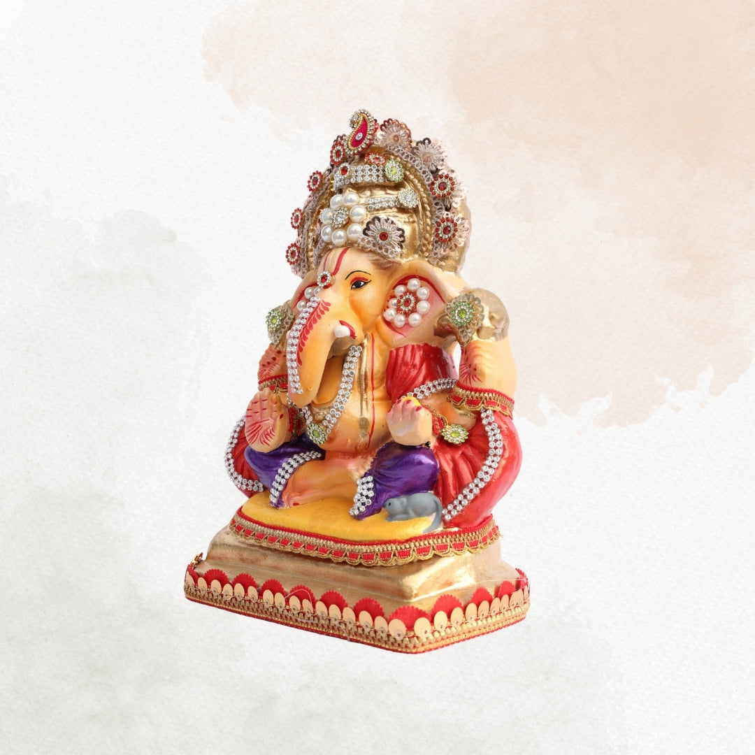 11 Inch – Ganesha Idol in Royal Purple Dhoti with Golden Crown | Shadu Mitti Clay Murti with Pearl Motif & Red Drapes