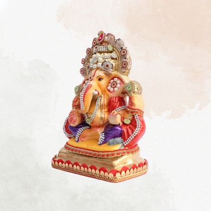 11 Inch – Ganesha Idol in Royal Purple Dhoti with Golden Crown | Shadu Mitti Clay Murti with Pearl Motif & Red Drapes
