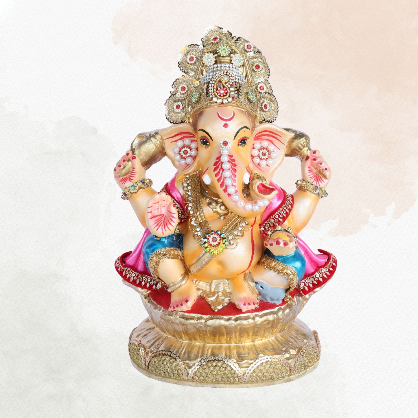 13 Inch – Regal Seated Ganesha Idol in Pink & Blue Attire – Shadu Mitti Clay Murti with Golden Crown & Stone Work