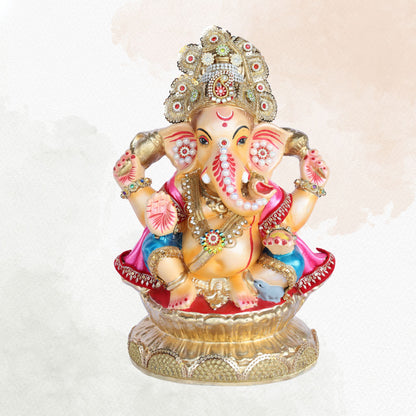 13 Inch – Regal Seated Ganesha Idol in Pink & Blue Attire – Shadu Mitti Clay Murti with Golden Crown & Stone Work