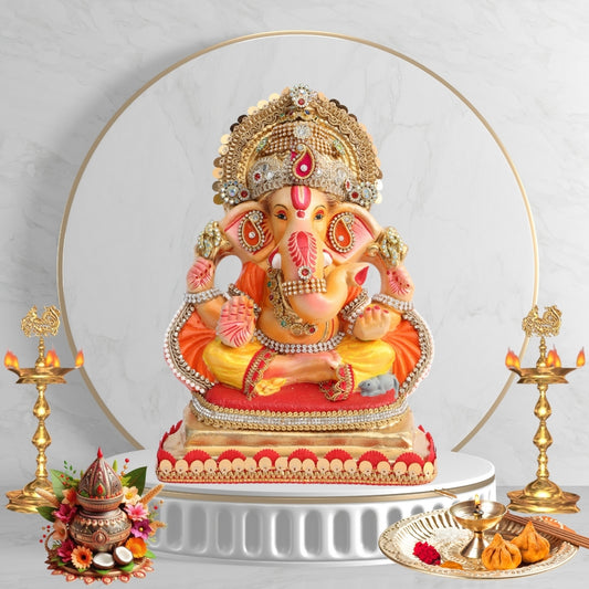 11 Inch – Ganesha Idol in Golden-Yellow Dhoti with Ornate Crown | Eco-Friendly Shadu Mitti Ganpati Murti with Orange Drape & Royal Embellishments