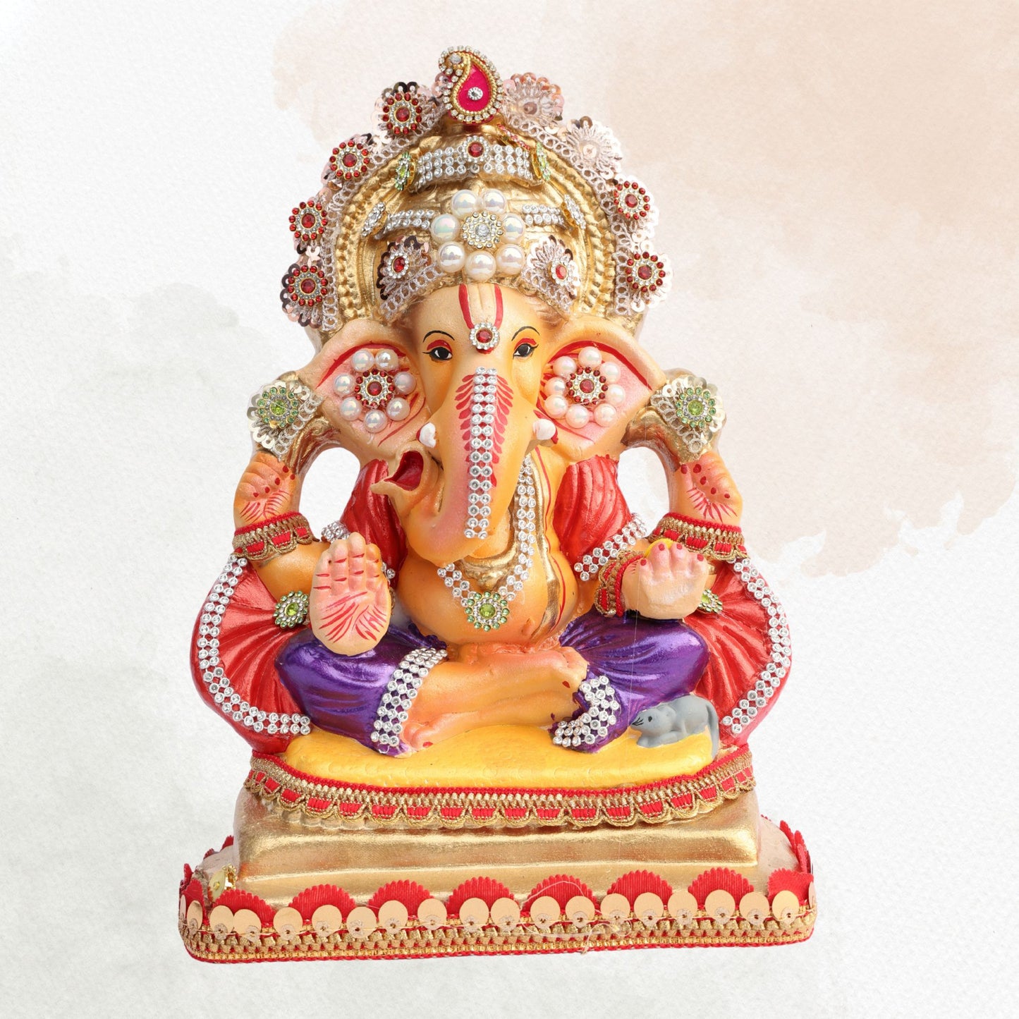 11 Inch – Ganesha Idol in Royal Purple Dhoti with Golden Crown | Shadu Mitti Clay Murti with Pearl Motif & Red Drapes