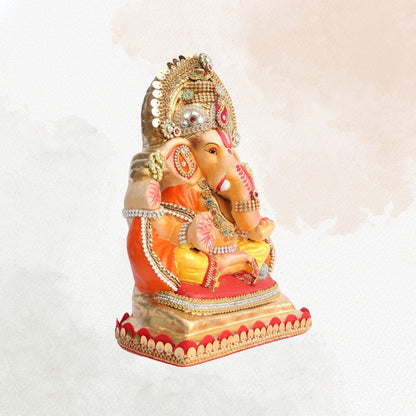 11 Inch – Ganesha Idol in Golden-Yellow Dhoti with Ornate Crown | Eco-Friendly Shadu Mitti Ganpati Murti with Orange Drape & Royal Embellishments