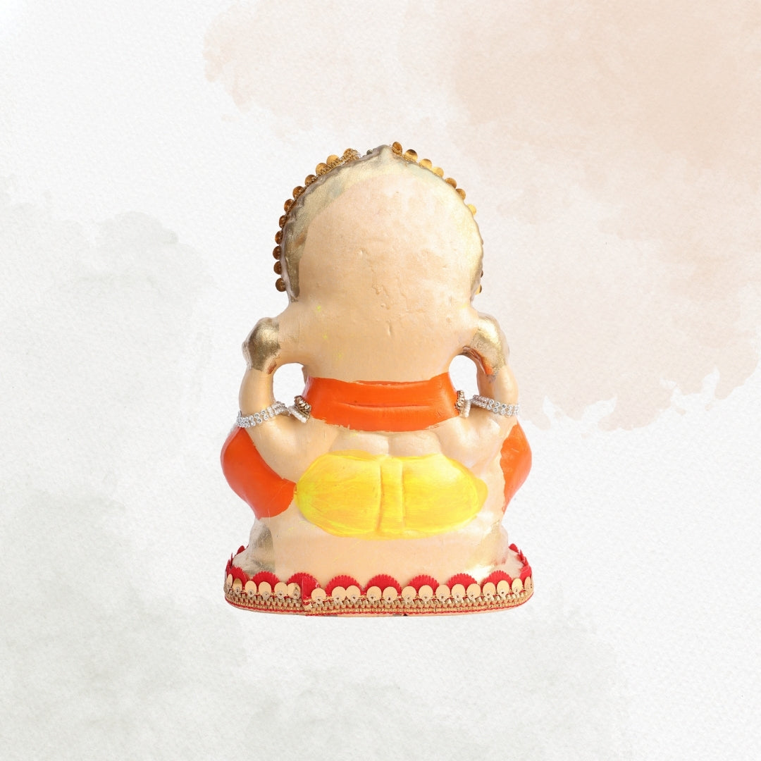 11 Inch – Ganesha Idol in Golden-Yellow Dhoti with Ornate Crown | Eco-Friendly Shadu Mitti Ganpati Murti with Orange Drape & Royal Embellishments