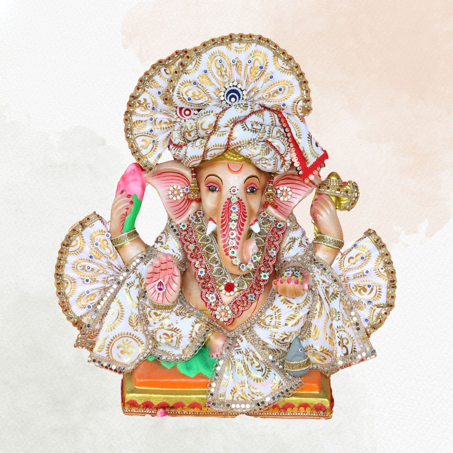 19 Inch – Elegant White Ganesha Idol | Eco-Friendly Shadu Mitti Ganpati with Lotus & Modak | Designer Maharashtrian Style