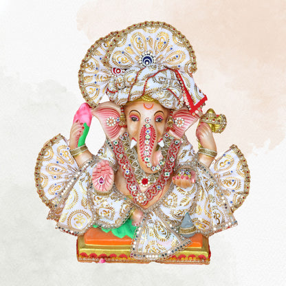19 Inch – Elegant White Ganesha Idol | Eco-Friendly Shadu Mitti Ganpati with Lotus & Modak | Designer Maharashtrian Style