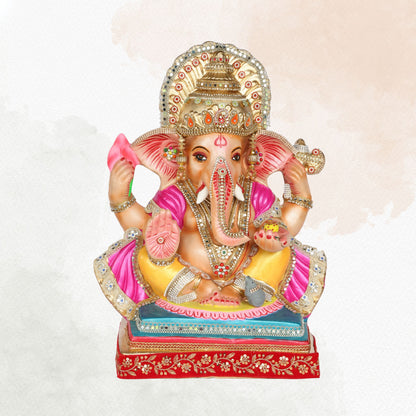 23 Inch – Elegant Seated Ganesha Idol in Yellow-Pink Attire | Shadu Mitti Eco-Friendly Murti with Stone-Studded Golden Crown & Lotus in Hand