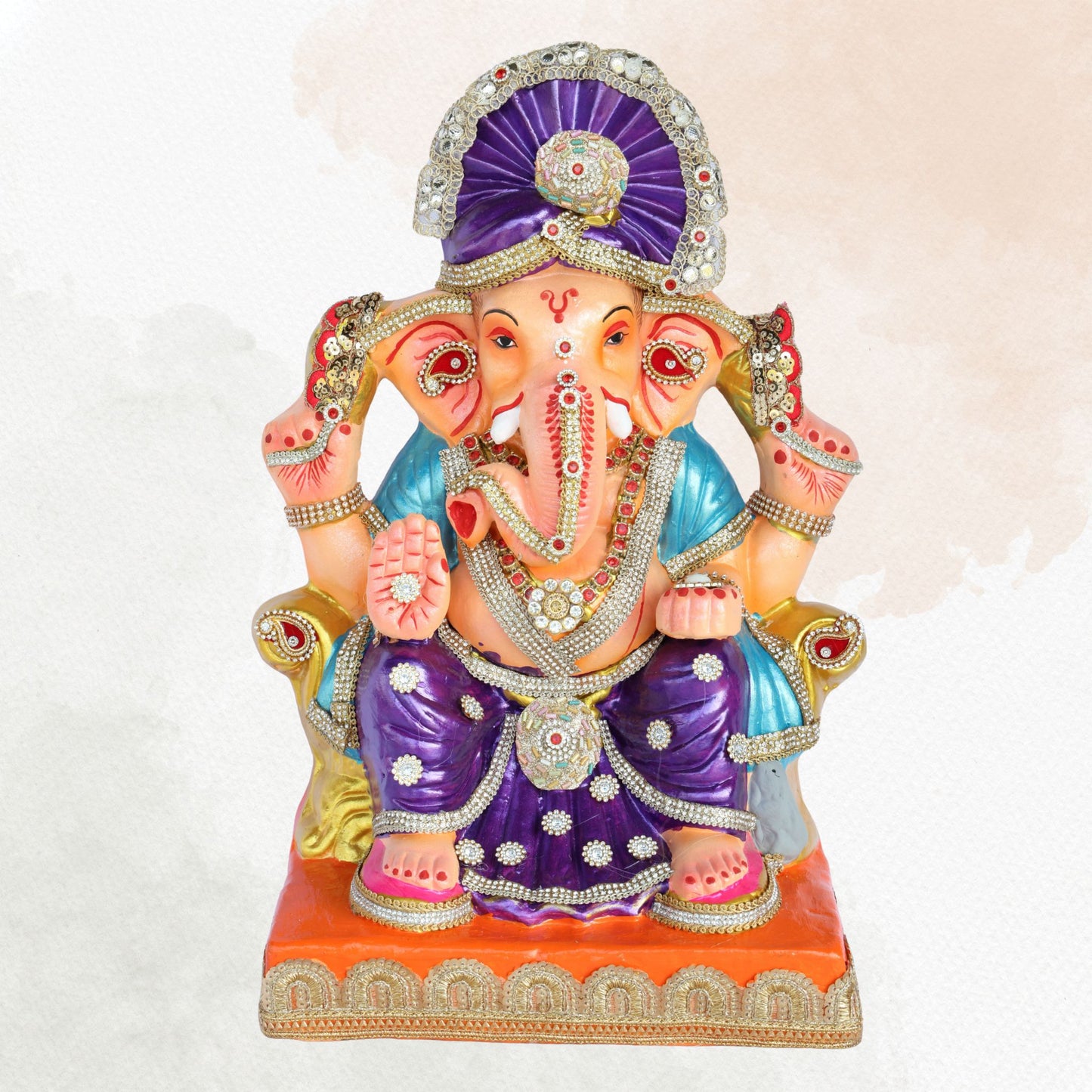 17 Inch – Royal Purple Ganpati Idol with Sky Blue Shawl & Crown | Eco-Friendly Shadu Mitti Ganesh Murti with Decorative Embellishments
