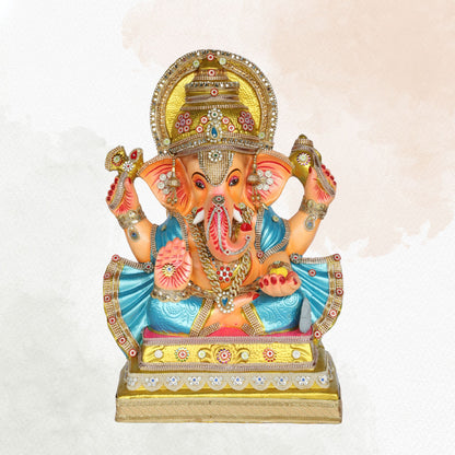 25 Inch – Radiant Ganesha Idol in Blue-Gold Attire | Eco-Friendly Shadu Mitti Murti with Ornate Crown & Modak Pose