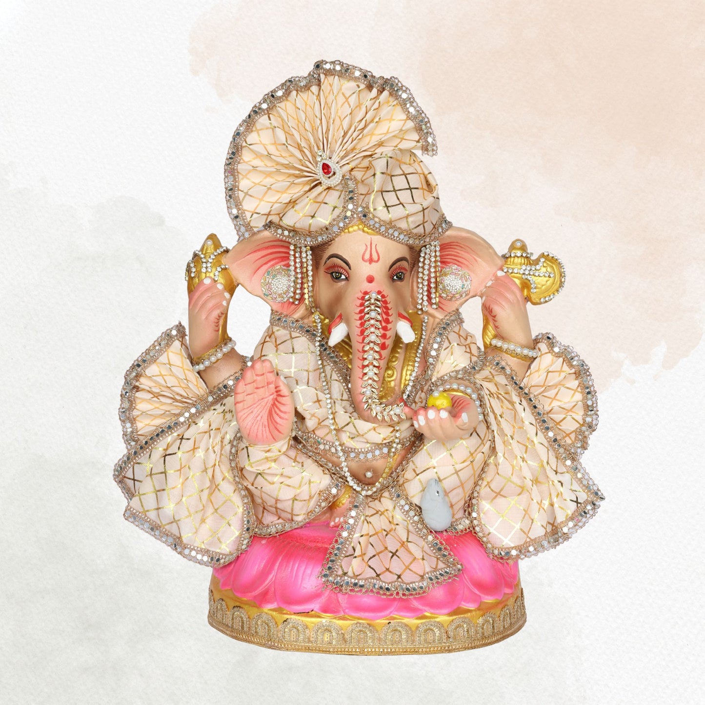 23 Inch – Elegant Seated Ganesha Idol in Cream Gold Attire | Shadu Mitti Clay Murti with Designer Fan-Style Pagdi & Pearl Stone Embellishments