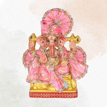 23 Inch – Regal Seated Ganesha Idol in Pink & Gold Attire | Shadu Mitti Clay Murti with Fan-Style Pagdi & Designer Pearl Work