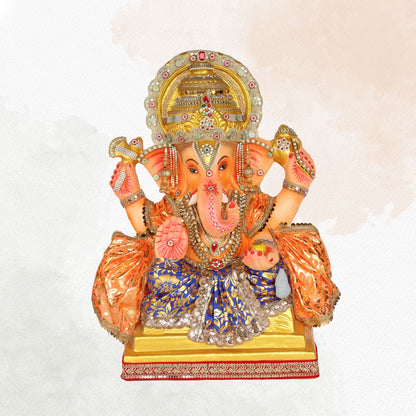 24 Inch – Royal Ganesha Idol in Blue-Gold Floral Attire | Shadu Mitti Murti with Ornate Golden Crown & Eco-Friendly Finish