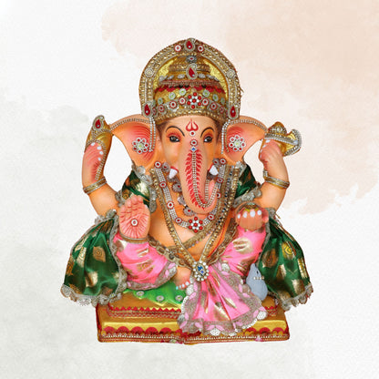 19 Inch – Royal Pink & Green Ganesha Idol | Eco-Friendly Shadu Mitti Ganpati Murti with Crown & Kalash