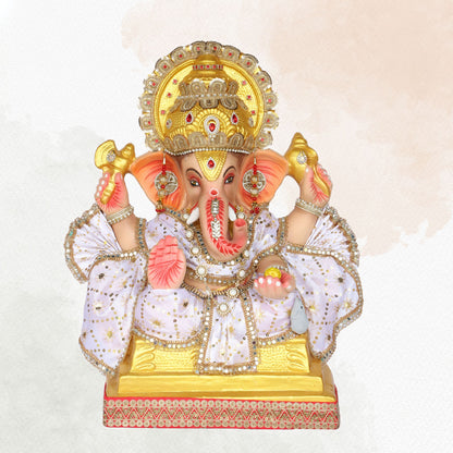 24 Inch – Majestic Ganesha Idol in White and Gold Attire – Graceful Blessing Pose