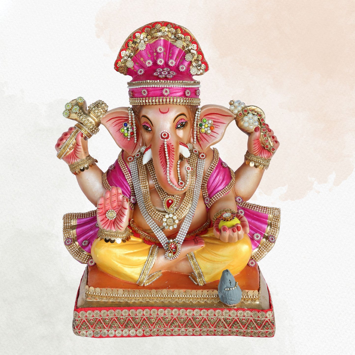 19 Inch – Majestic Seated Ganesha Idol in Yellow-Purple Attire | Shadu Mitti Eco Clay Murti with Crown & Modak Pose