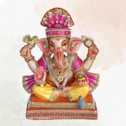 19 Inch – Majestic Seated Ganesha Idol in Yellow-Purple Attire | Shadu Mitti Eco Clay Murti with Crown & Modak Pose