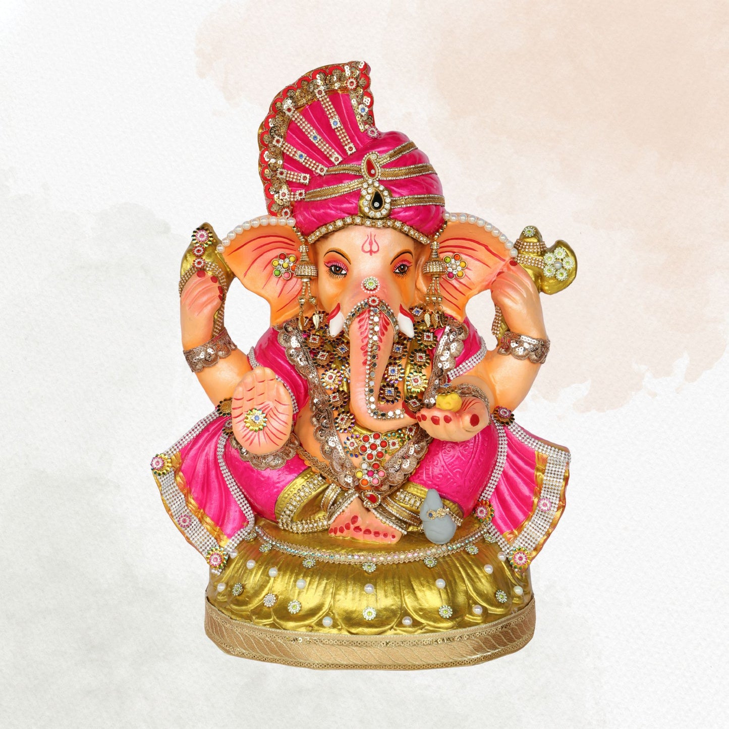 23 Inch – Royal Pink Ganesha Idol | Shadu Mitti Eco-Friendly Murti with Golden Base & Crown Pagdi