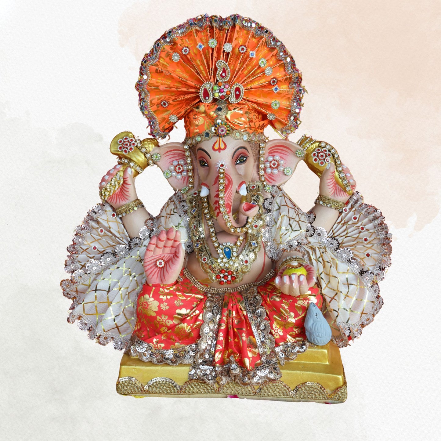 19 Inch – Majestic Seated Ganesha Idol in Red & White Attire – Shadu Mitti Clay Murti with Designer Orange Mukut & Fan Crown