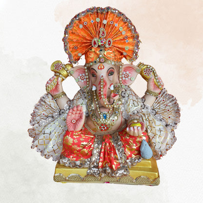 19 Inch – Majestic Seated Ganesha Idol in Red & White Attire – Shadu Mitti Clay Murti with Designer Orange Mukut & Fan Crown