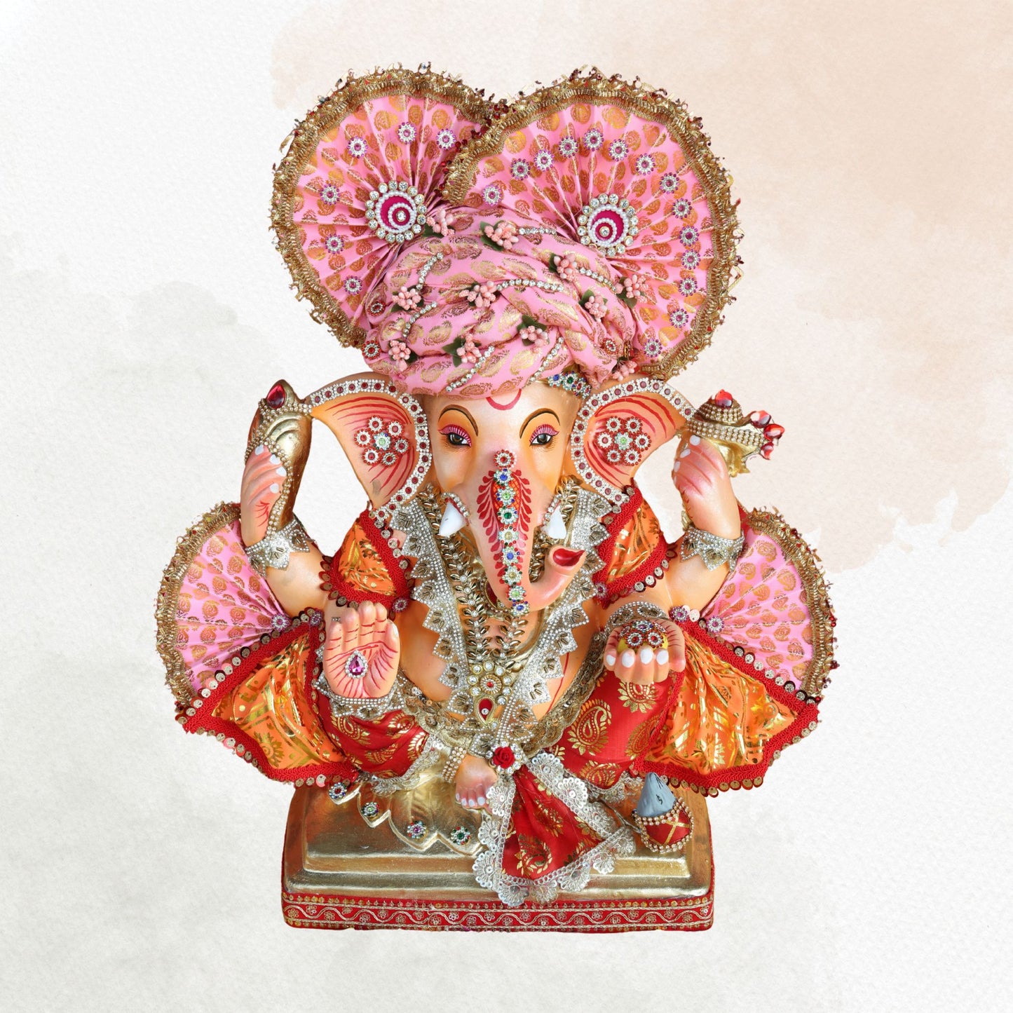 19 Inch – Designer Pink & Red Ganesha Idol | Eco-Friendly Shadu Mitti Murti with Modak and Crown Fan