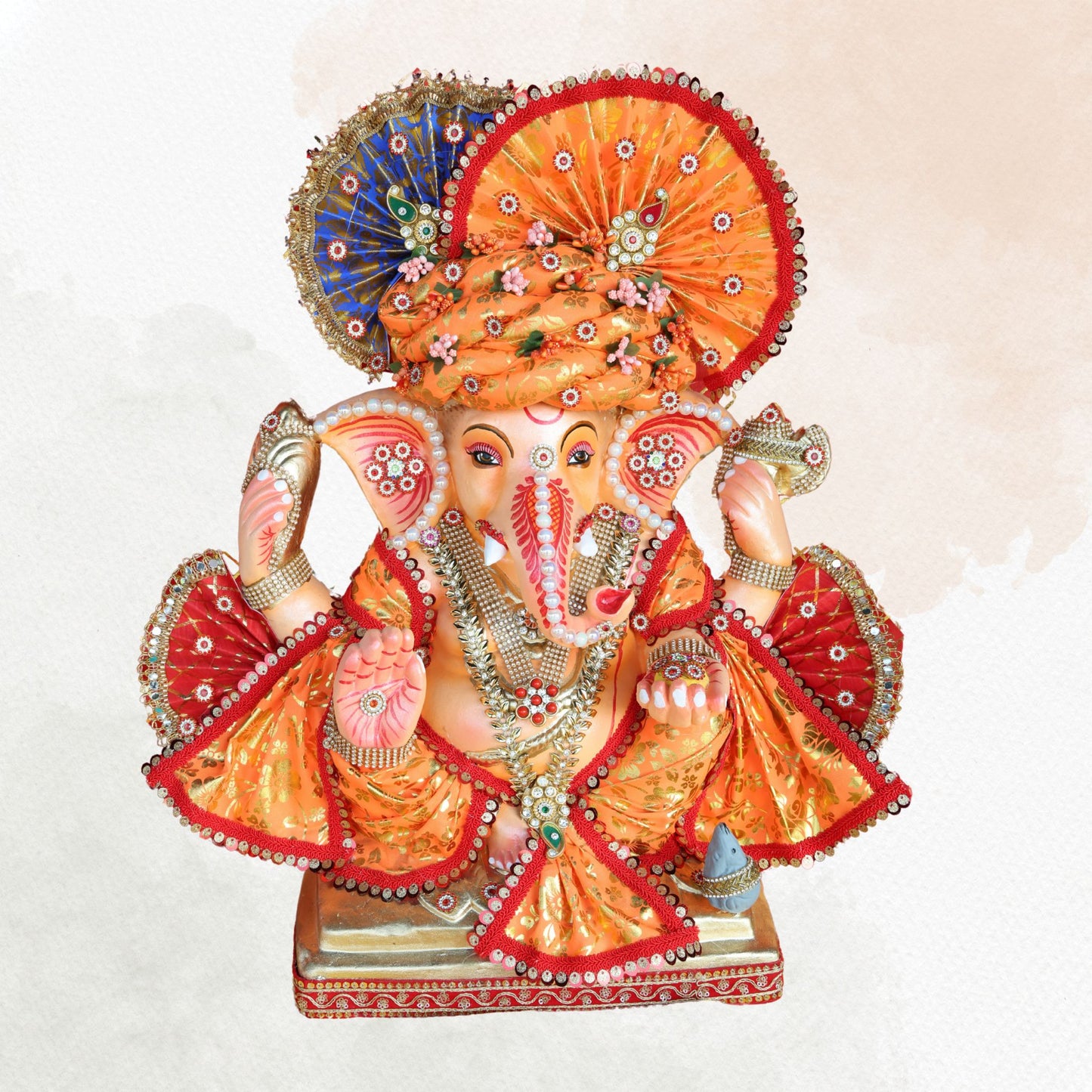 19 Inch – Traditional Orange Attired Ganesha Idol – Shadu Mitti Clay Murti with Floral Pagdi & Designer Fan