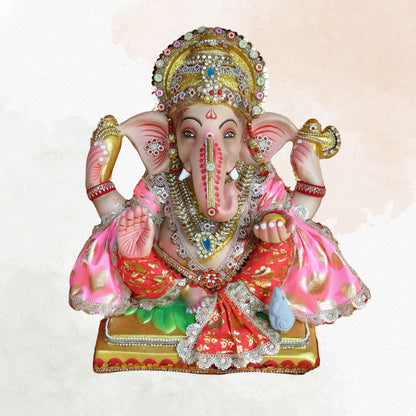 19 Inch – Eco-Friendly Ganesha Idol in Royal Red & Pink Robes | Shadu Mitti Murti with Modak & Crown Design